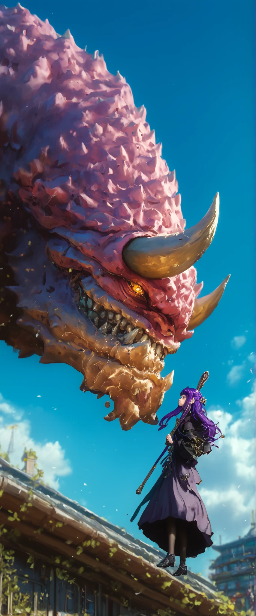 A girl,with legs hanging , on a ledge,height,Japanese city, street lamp ,,with her back((montruo flying en el cielo)),giant monster,Dragon gigante,alas,scales,(flying),(  obra maestra,   best quality), safe,  bangs of incredible quality ,    very aesthetically pleasing, absurdities, Highres,   newest  , HDR-10, 8K,   Arte de color RAW de alto detalle ,    large pupil   ,   eyelashes,   Arte de color RAW de alto detalle  , impressionism, Focus on the movement ,   instant capture  ,   Aesthetically Beautiful  ,    beauty of shapes,obra maestra,high resolution,Sousou fern doesn't freeze,purple hair,portrait photograph,very beautiful woman,True to the anatomy of the body,wooden staff,magic staff,staff from a thick branch,versus,contenders,enemies,showdown,((face to face)),Body out of focus