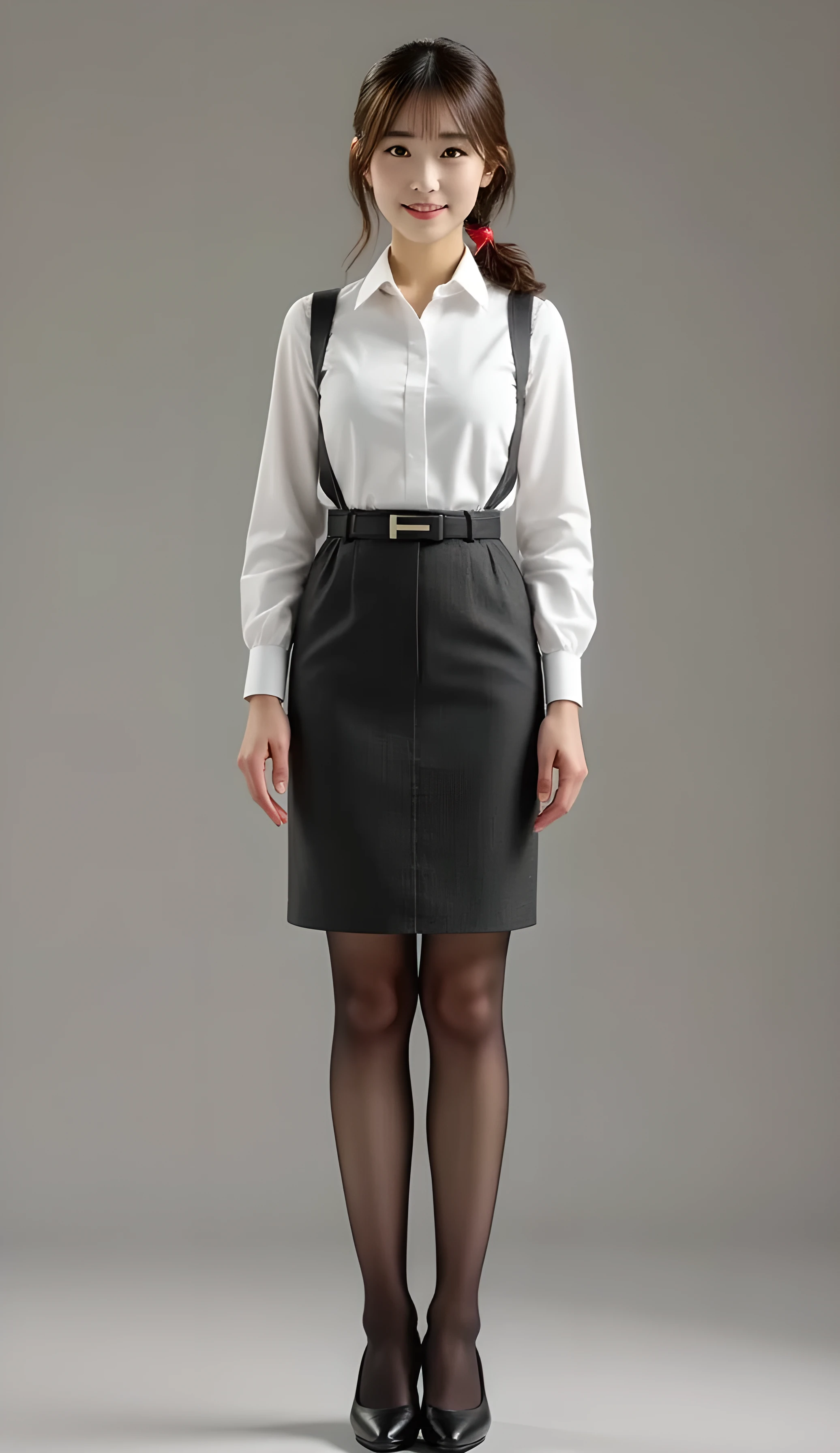 Super Real , Photoreal , (Full body image:1.5), She looks so happy , shadow, Global Illumination , Alone, (Japanese woman in her 20s :1.5), very beautiful、 cute smile , Slim, brown hair , Beautiful Legs , Long, slender legs , Surimi Waist , I'm wearing a receptionist uniform ,I'm wearing a bus guide's uniform , turn your body forward、 white hair,full body photo ,Please take a picture up to the tip of your foot ,wear black pantyhose glittered on her legs ,When the light hits stockings, they reflects beautifully., wearing black high heels ,