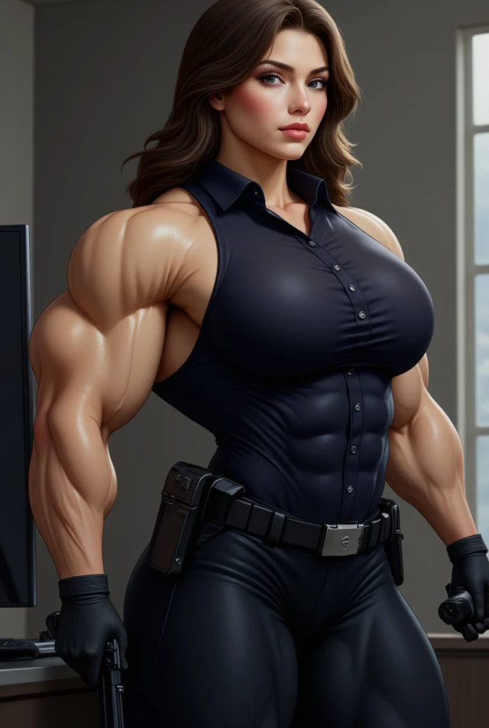 Quality face, mature woman, smile, pheromones, married woman, muscular bone, Hercules, muscular arms, blood vessels, muscular thighs, small bust, armpital hair, tall stature, full body, black god, ponytail, office lady uniform, sleeveless, long skirt below the knee, black long boots, president's office