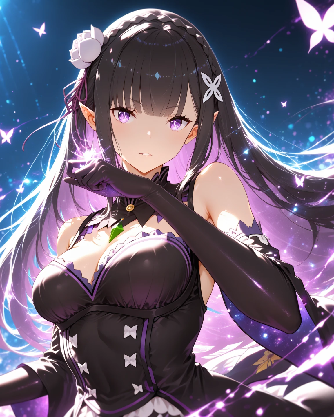 Raiden, genshin impact, 1girl, alcohol, alternate costume, armlet, bare shoulders, black background, black dress, black gloves, black thighhighs, breasts, cleavage, criss-cross halter, cup, dress, drinking glass, flower, gloves, gradient background, hair between eyes, hair ornament, halterneck, holding, holding cup, large breasts, long hair, looking at viewer, purple hair, purple nails, purple eyes, see-through gloves, solo, thighhighs, thighs, very long hair, wine, wine glass, ((masterpiece)) pleated purple skirt, sitting,
