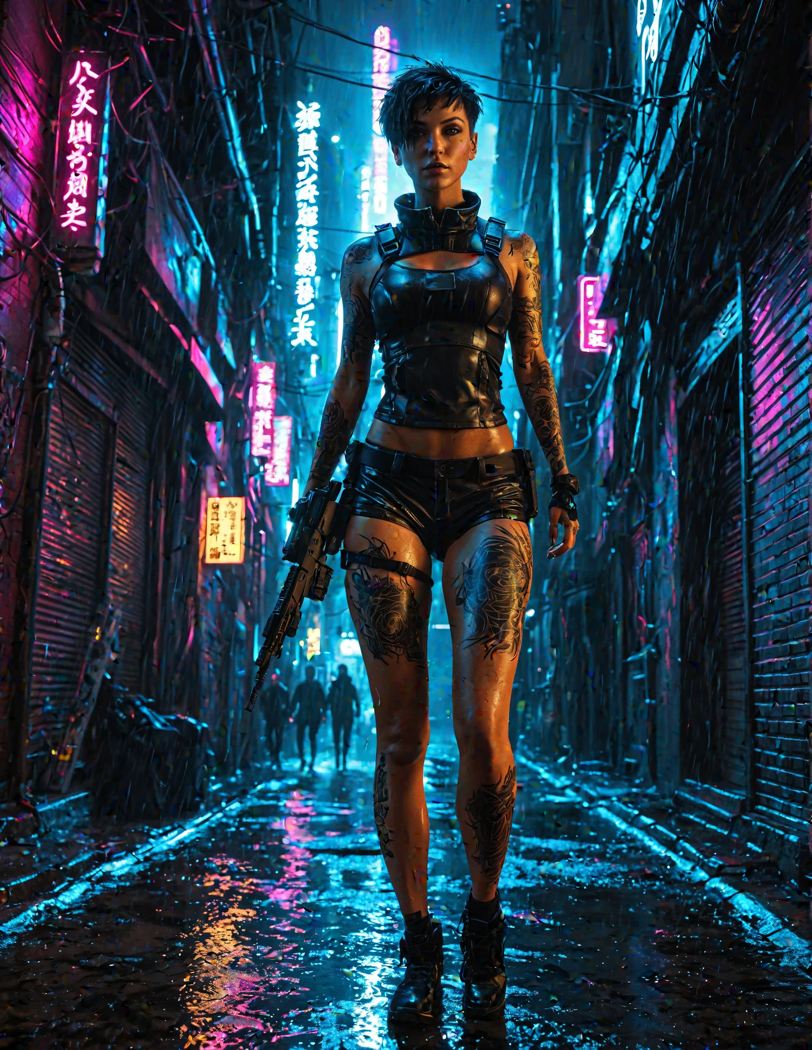 cinematic photo a woman, full body, cyberpunk city, blue neons lights, night <lora:Quiet1024:0.7> . 35mm photograph, film, bokeh, professional, 4k, highly detailed