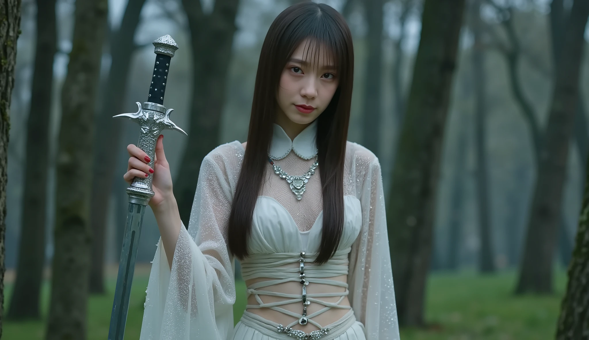 Handsome Aged Girls, Hot Body, Has 8 Pack Abs, slender figure, 8k, high resolution, Slim Fit Figure 6 ft Slim Fit, The bandage on the back of the fantasy suit covers the body, in the park at night, Has a Very Cool Pose ,Long Elongated Hair for Girls, white eyes , All Over Crystal, with a perfect face, Full Body Tattoos, sweater, Very Expensive Pants, Has 2 Magic Swords , milky white skin, Two Swords Shines Magically, Has 2 Swords , Devil's Lord Clothes, Necklace, wedding dress