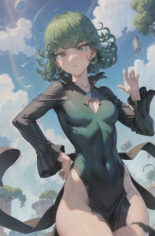 (masterpiece, best quality:1.2), cowboy shot, solo, 1girl, tatsumaki, lustful, closed mouth, looking at the viewer, ass, wide hips, black dress, blue sky, clouds, erotica