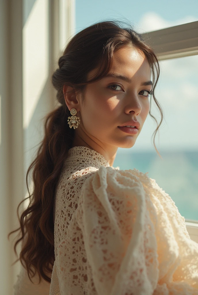 (Long shot of a beautiful 20 year old woman in a wedding dress in Mallorca), (happy:0.5), (Highly detailed face:1.4), ass pov, Nikon D850, Film Stock Photos, 4 Kodak Portra 400, Camera f1.6 Lenses, Saturated colors, Ultra-realistic, Realistic texture, Dramatic lighting, Cinestill 800, A-line, evening, Seaside, Straight Hair