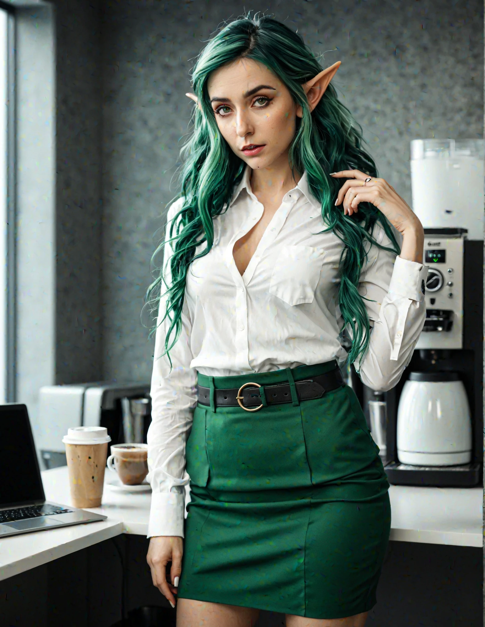 Beautiful Evil Muscular bodybuilder, green satin button blouse, stoic evil expression, big breasts, cleavage, tight braided ponytail, big forehead, big long pointy ears, dark makeup