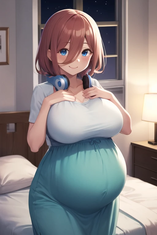 an enchanting woman, kissing her husband, rubbing her huge belly, Wearing white bra, huge breasts about to explode out of top, grabbing her belly, bulging diaper, huge diaper, diaper growing bigger and bigger, massive diaper, full diaper, sagging diaper, diaper bout to explode, diaper bubble, diaper expansion, holding her growing diaper, sitting in massive bulging bean bag diaper