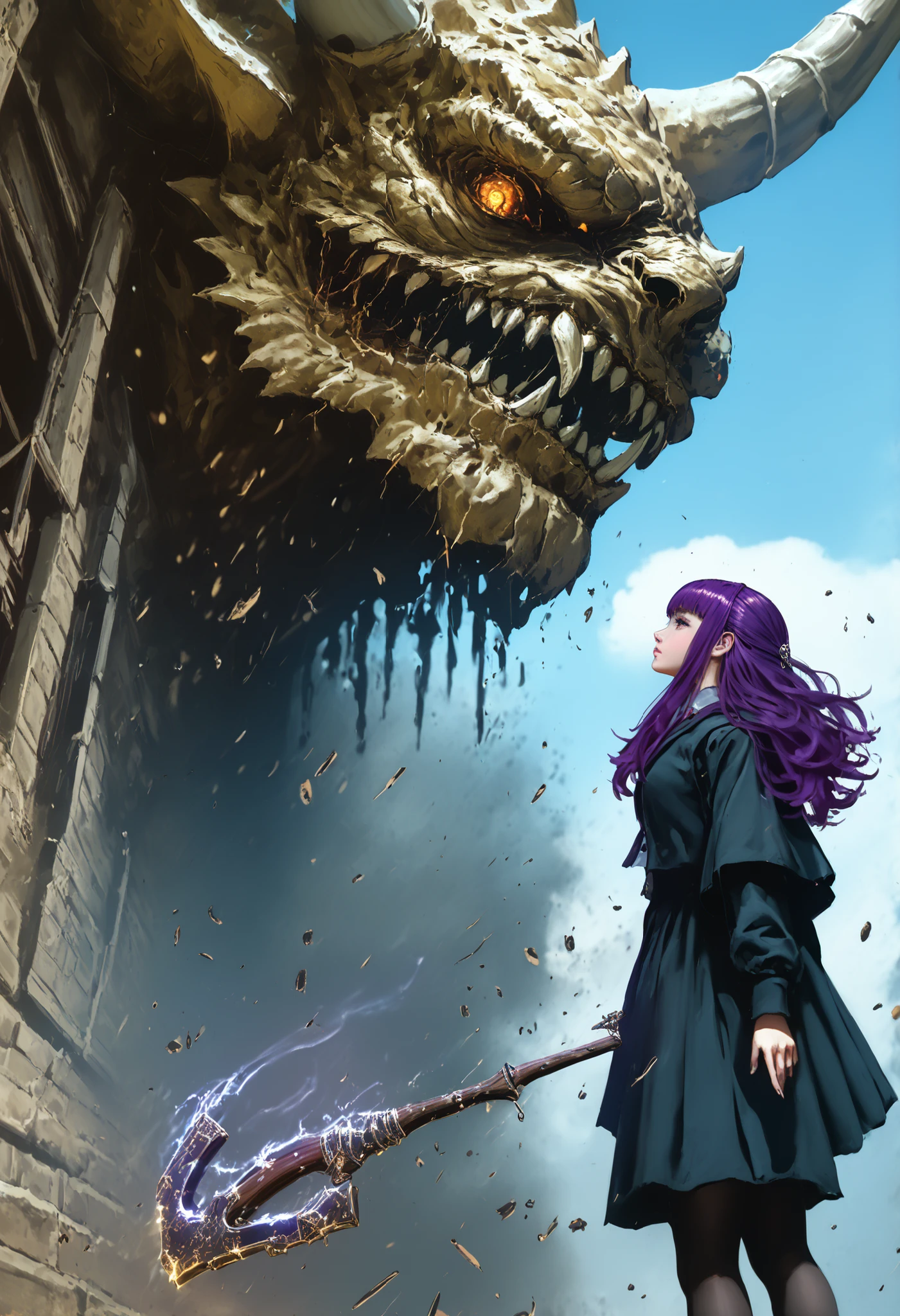 A girl,with legs hanging , on a ledge,height,Japanese city, street lamp ,,with her back((montruo flying en el cielo)),giant monster,Dragon gigante,alas,scales,(flying),( obra maestra, best quality), safe, bangs of incredible quality , very aesthetically pleasing, absurdities, Highres, newest , HDR-10, 8K, Arte de color RAW de alto detalle , large pupil , eyelashes, Arte de color RAW de alto detalle , impressionism, Focus on the movement , instant capture , Aesthetically Beautiful , beauty of shapes,obra maestra,high resolution,Sousou fern doesn't freeze,purple hair,portrait photograph,very beautiful woman,True to the anatomy of the body,wooden staff,magic staff,staff from a thick branch,versus,contenders,enemies,showdown,((face to face))