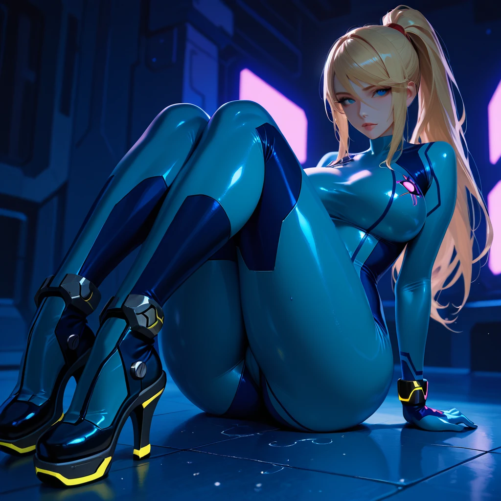 Samus Aran, blue eyes, stunning proportions, white background, long hair, ponytail l, extremely detailed, shiny, full body, sexy, cleavage, spread legs, pink lipstick, on back, sleeveless, thigh highs, soft, ass, (((in love with the viewer)))