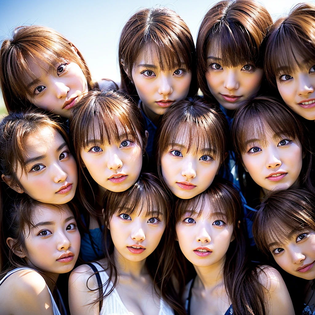 Raw photo、((5girls)),Open eyes、Five girls kissing and loving each other、The same face、A dark-haired、a smile、same person、(lesbian orgy)