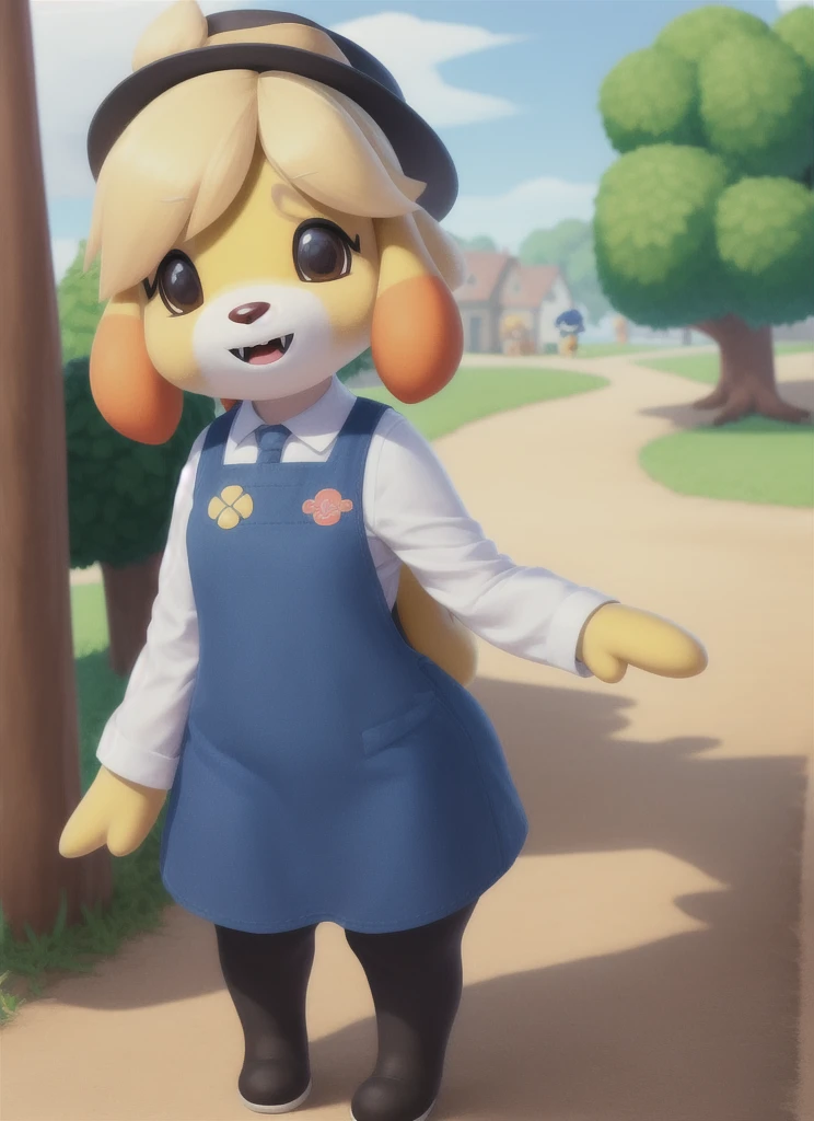 (8k, best quality, masterpiece:1.2), (realistic, photo-realistic:1.4), ultra-detailed, isabelle \(animal crossing\), dog girl, exhibition companionsmile, topknot, animal ears, furry, happy scene, <lora:shizue_Isabelle:1> fisheye lens, exhibition hall crowded with people
