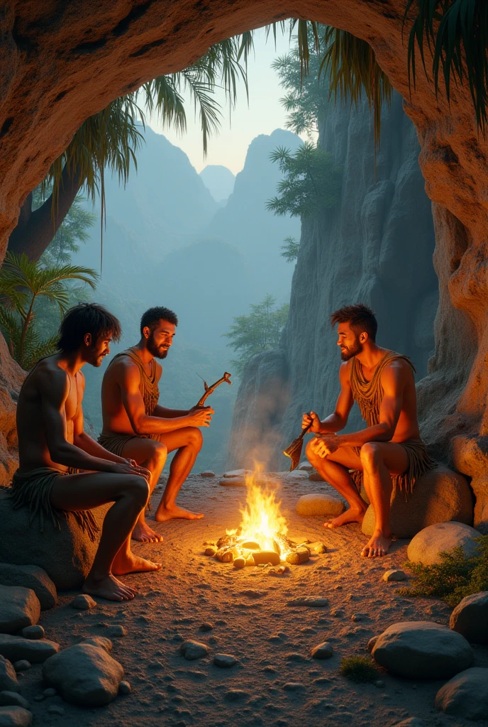 Create an award-worthy 8K ultra-realistic illustration that immerses the viewer in the life of a prehistoric caveman, elegantly adorned in animal leather clothing, earnestly engaged in the art of meal preparation over a crackling open flame. The caveman is skillfully depicted as he stirs a rudimentary wooden spoon within a clay bowl perched expertly upon the roaring fire, amidst a captivating backdrop of wandering dinosaurs casually navigating the landscape under a resplendent crimson and orange sky. The lush environment is meticulously adorned with native trees and creeping plants, encapsulating the primordial essence of this moment in exquisite and intricate detail.