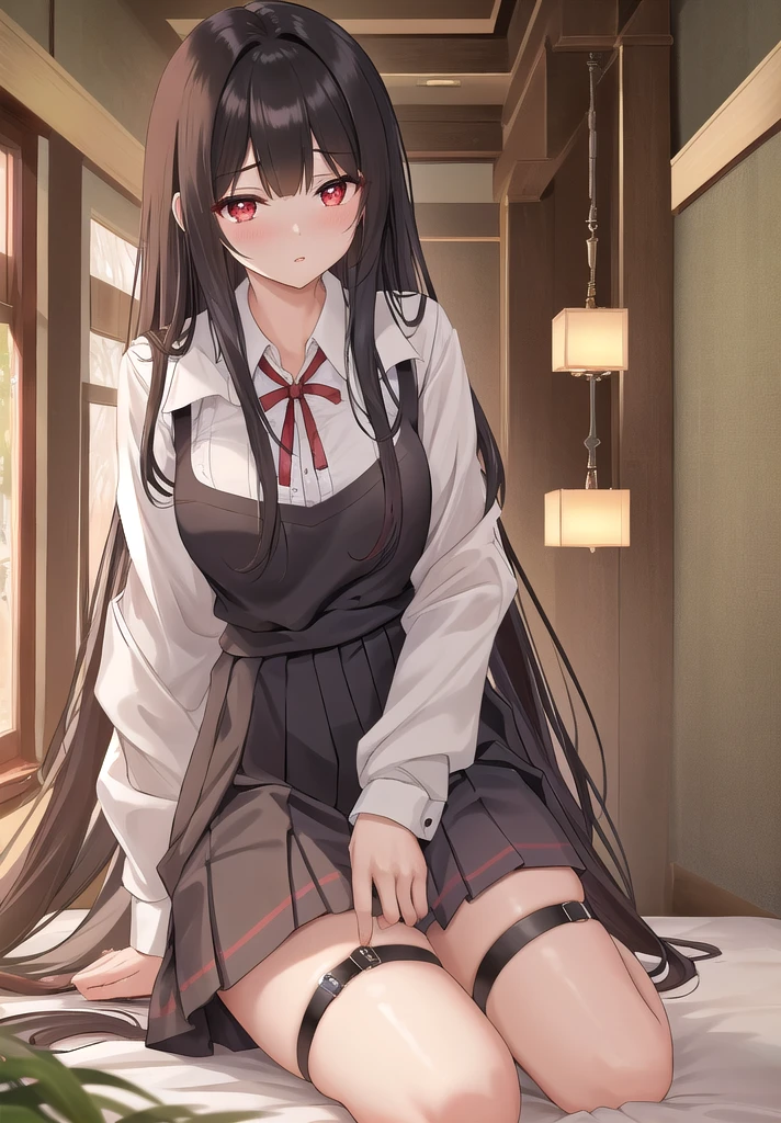 Black Hair、woman、Bookshelf、Chair、White top、Grey Skirt、black eye、Sharp focus