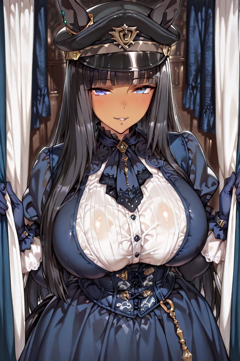 （masterpiece, Side light, Fine and beautiful eyes: 1.2)， Fresh skin，（（alone）），(((Shiny long black hair))),（Blue eyes），The corners of the eyes are drooping，（Highly detailed skin），（Perfect body），Beautiful woman，Large Breasts，（（A dreamlike navy blue leotard that covers the chest）），（Sheer navy blue lace），(((White Veil))),（Elbow-length white lace gloves），White lace pantyhose，Gold cross around neck,Beautiful cleavage, ,形の良いLarge Breasts , Beautiful breasts, smile, Pink Rouge, Blue Eyes,,(((breast enhancement))),Long, slender limbs,