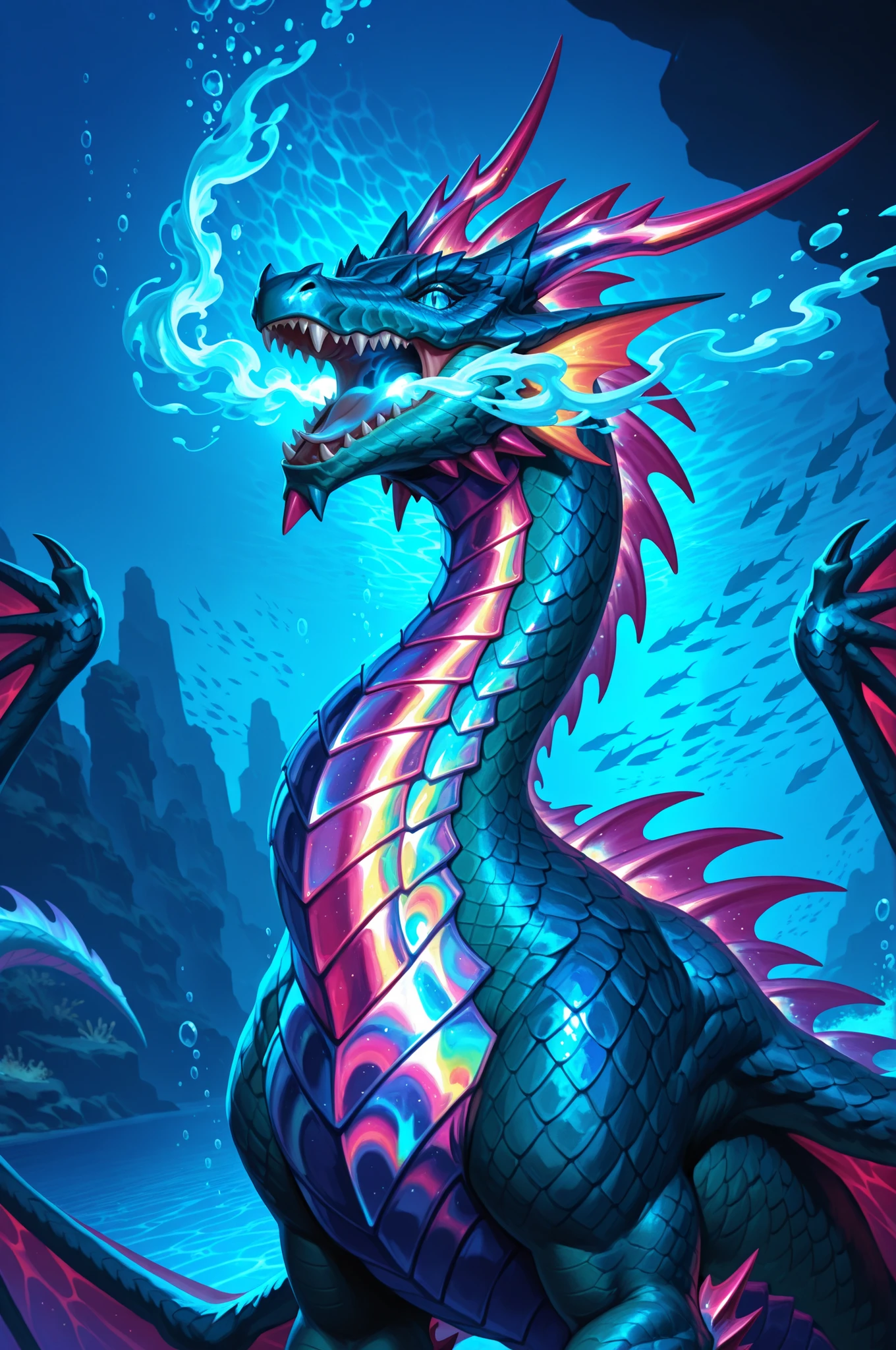 intricate underwater world with intricate detail, solo, 1dragon, blue slit eyes, (dragon scales iridescent:1.3), (magical prismatic dragons breath:1.4), airbrush multilayered art, beautiful, high contrast, 16k, very intricate detailed painting, detail to detail background, smooth and flawless scales, very intricate detailed texture, very intricate detailed detail, extremely highest quality, highest quality, best quality, absurd resolution,