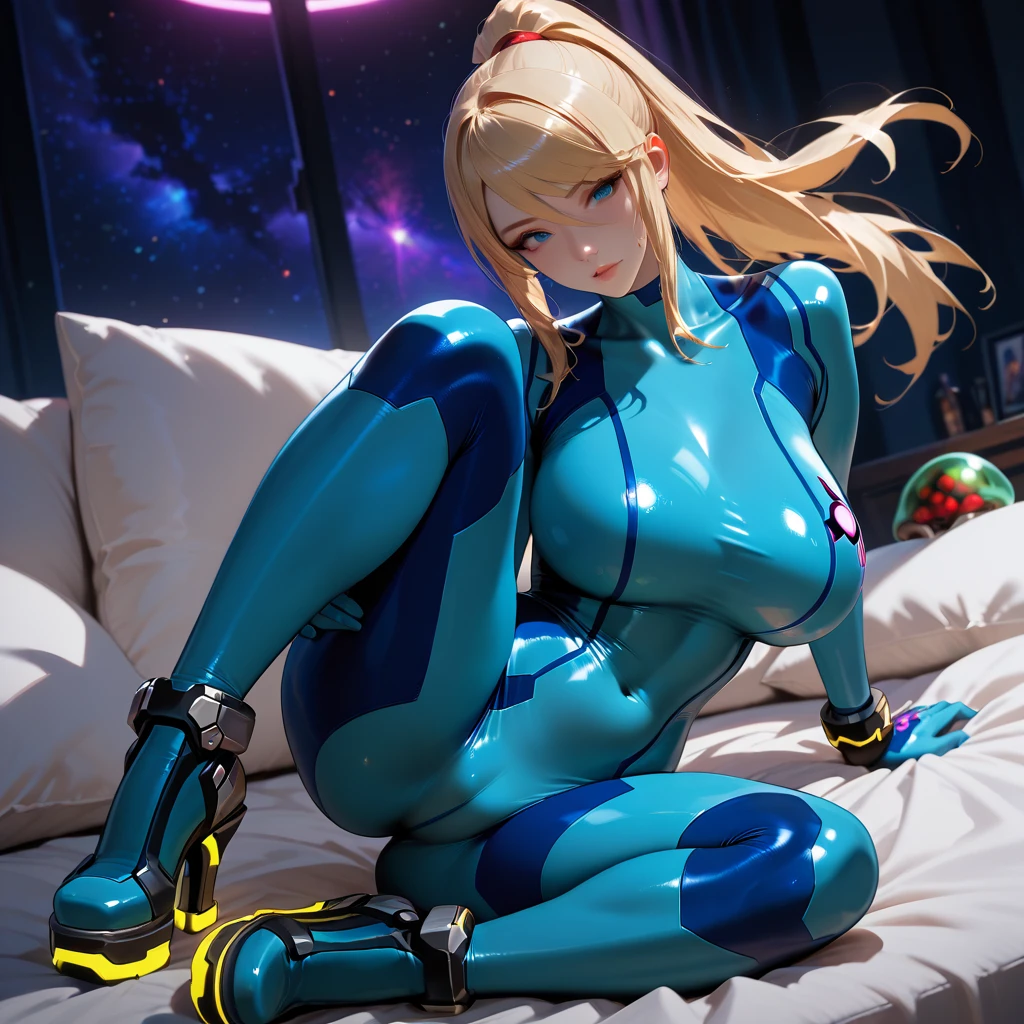 (Best quality, 4k, Masterpiece :1.3), beautiful woman, hyper realistic, 1girl, (drooping breasts, attractive body :1.2), sit-ups :1.1, long straight blonde hair :1.1, ultra-detailed face, detailed lips, detailed eyes, double eyelid, open neckline, hanging breasts, side pose, visible curves, muscular turned leg, big breasts, green eyes, smiling, big ass, standing, show more ass, hands on ass, crossed legs, inside the moon, blue and sexy jumpsuit glued, pink lips, Samus Aran, super metroid --auto --s2