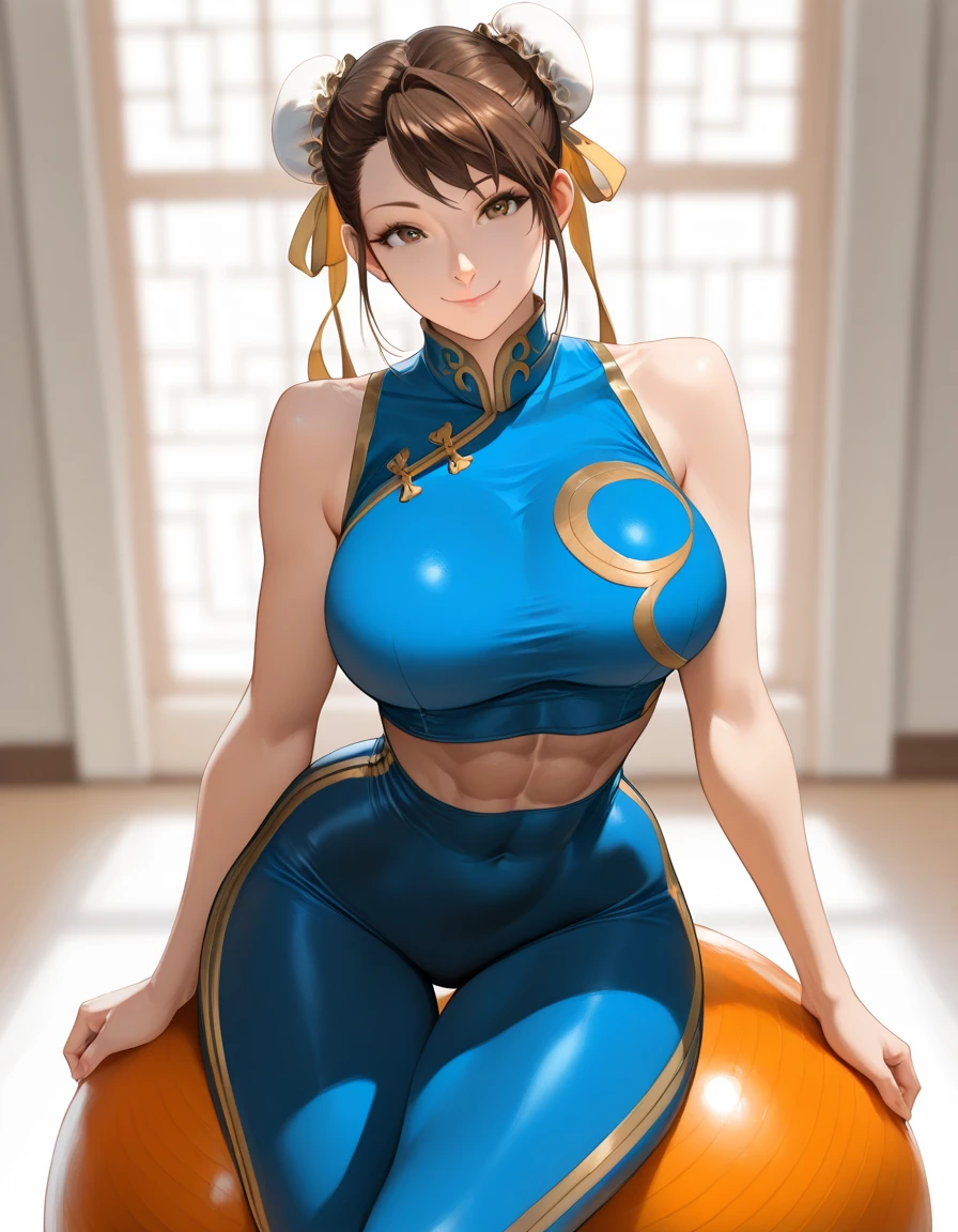 (masutepiece, Best Quality:1.4), (Standing on one leg:1.2), (standing split:1.3), 1girl in, Solo, SFA Chun, Blue vest, Unitard, Blue Pants, skintight, Yellow Ribbon, Short hair, sneakers, Bare shoulders, Looking at Viewer, beautiful smiling face, Beautiful face, Highly detailed face, Highly detailed eyes, Subsurface scattering, Realistic pupils, Full face blush, Full lips, Detailed background, depth of fields, Volumetric lighting, Sharp Focus, absurderes, Realistic proportions, 16K HDR, fullllbody, Hand lifting one leg, street fighter, well-muscled, Abs, flexible, dojo, Toned, Muscular legs, Detailed legs, Detailed body