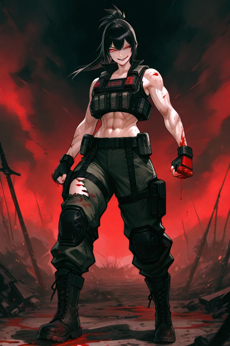 Dismembered girl, after fight, blood everywhere, Tired, 18 years old, Ripped clothes, damaged armor, Evil, glowing red eyes, Smirk, in the battlefield l, Arab features, one hand cut off, short hair, big muscle body, scar on eye, Mikasa Ackerman lookalike