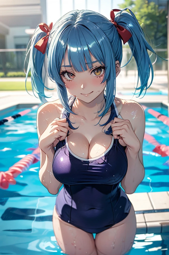 プールでスクールSwimwearを着た, Enchanting anime girl, Anime Moe Art Style, Swimwear, Highly Detailed Art Gem 4K Anime Wallpaper, Beautiful and detailed anime art, Beautiful anime artwork, Beautiful Anime Girls, Attractive anime girl, is wearing a Swimwear、School swimming pool、Large breasts、Glamour、Blushing、Glasses