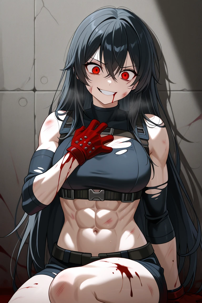1girl, solo, (extremely long hair), pale skin, (muscular), sweaty, shiny skin, ((huge breasts)), muscular, midriff, black hair, yellow eyes, (thick thighs), bed, standing, (((bleeding))), (((bruise))), (((blood))), (((cuts))), ((tears)), crying, (looking at viewer), (see-through)