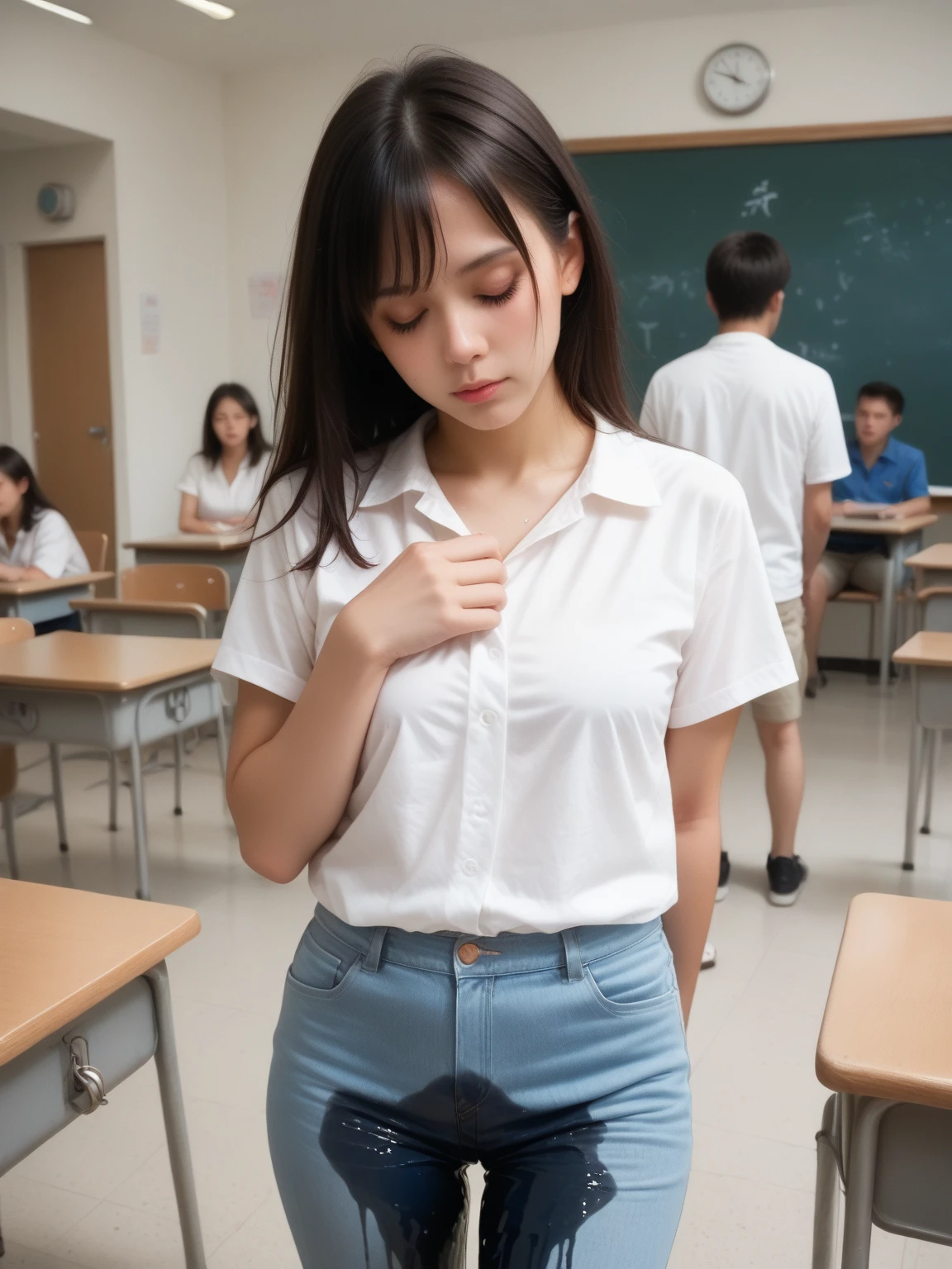 (absurdres:1.3),8K,(detailed photograph:1.5),(detailed face and skin:1.3),(ultra high res:1.5),(photorealistic:1.5),symmetric clear eyes,well-groomed face,(ray tracing:1.3) ,1girl, Japanese,high school girl,(wearing Japanese high school uniform:1.3),(navy high school uniform:1.3), BREAK (presenting panties), BREAK (detailed pink Cotton panties:1.1),masterpiece, best quality, highly detailed,classroom,Black mideum straight hair,focus panty,cinematic lighting,(blushing:1.3), BREAK (Stain on panties:1.4),Glasses,