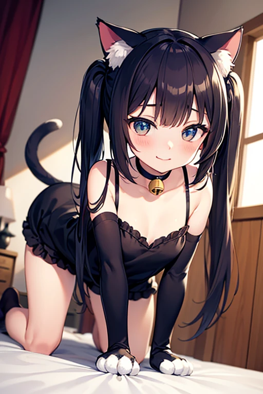 (Best quality, 8k, 32k, Masterpiece, UHD,:1.2),RAW, 2girls,ultra cute , natural lighting,transparent shining eyes, 20yo,medium breast ,fair complexion ,flushed face, Black Micro bra and panties, lace bra and panties, sexy bra and panties, ((all fours)), cat ears, cat tail, kneeling, emphasizing breasts, From the front, Garter belt, emphasizing the Cleavage, meow