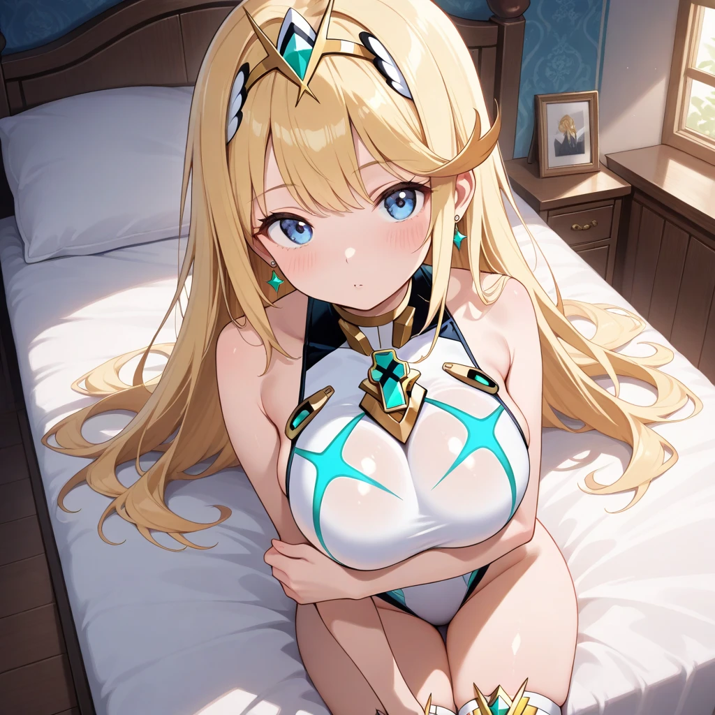 (Masterpiece, Top quality: 1.5), nsfw, sitting on bed, (1boy and 1girl are having sex on the bed:1.3), (Mythra :1.3),(breast grab from behind:1.3), a boy is with black hair , (large breasts:1.3), (cleavage:1.2), standard weight, Blonde Hair, 16 year old, angry, (flustered:1.3),  sexual climax:1.2, open mouth, bedroom ,cum:1.3, arms up