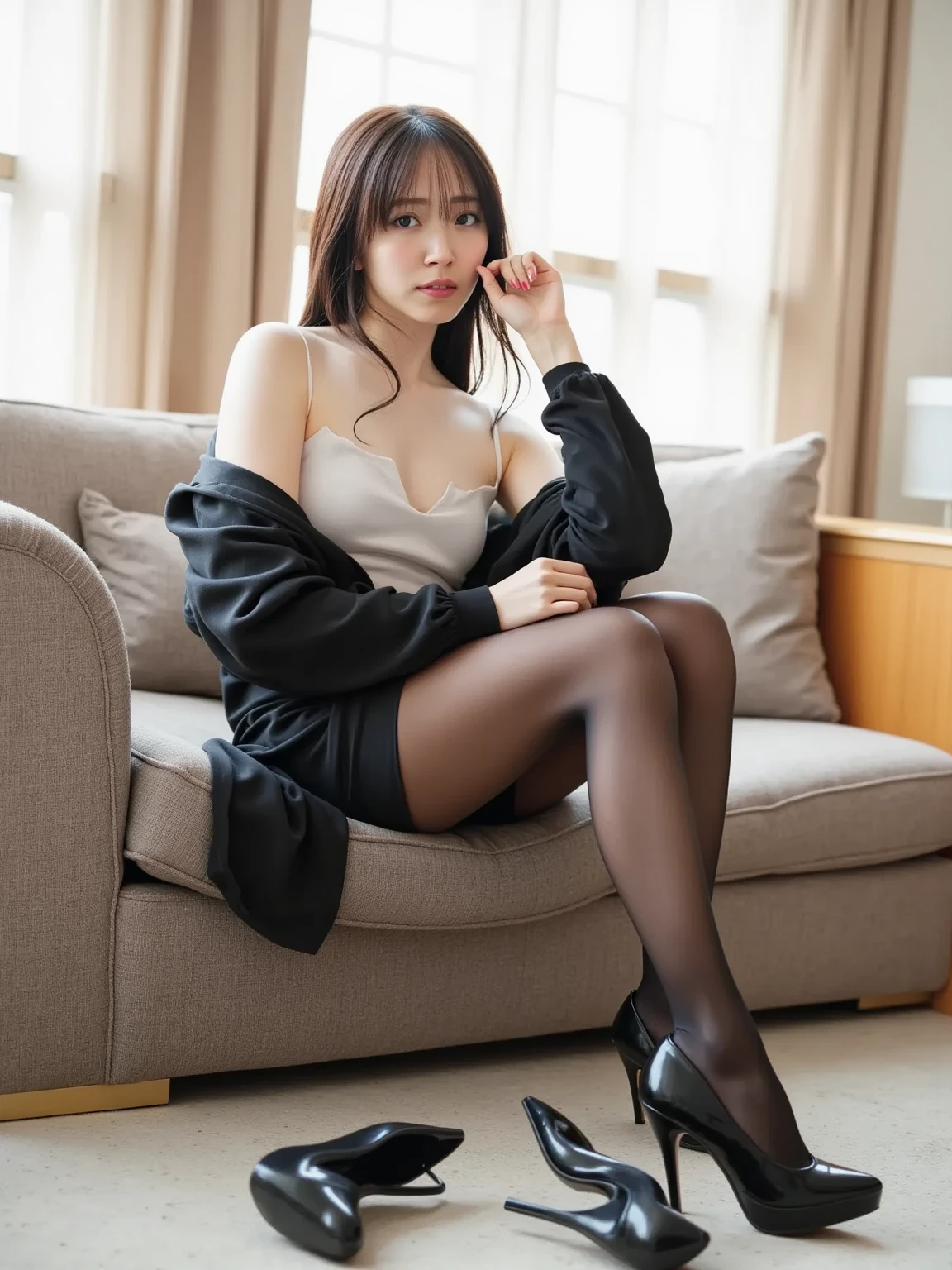 view full body, Feet in sight, 1girl in, Sitting on a cozy sofa, cross one's legs, Oversized sweatshirt, pantyhose, No shoes, Soft light,Red lingerie,Ultra Detailed feetの指,Ultra-detailed body,Ultra detailed hands,Ultra detailed handsの指,Ultra Detailed feet,hyperdetailed face,超詳細なpantyhose