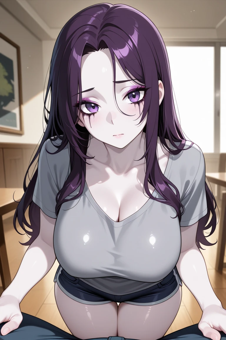 A dramatic and detailed anime-style illustration of a mature-looking girl programming at night. The girl has long purple hair and purple eyes, a white tank top with a necklace. She is surrounded by programming equipment. The background is filled with blurred programming equipment and soft glowing lights, creating a cozy yet focused atmosphere. The lighting is a mix of cool and warm tones, adding to the dramatic effect. The camera angle is focusing on the girl's face and breast and upper body, emphasizing her shy and focused expression.