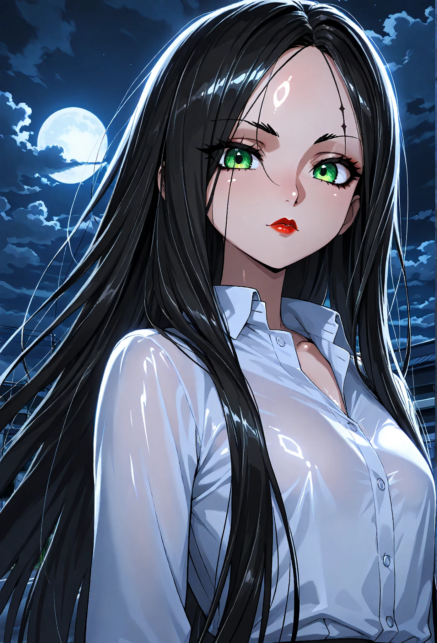 (((Portrait Photo))), She has the Appearance of a Playful and Unrestrained Teacher, with a Voluptuous Figure that Commands Attention. Her Long, Lush Hair is Styled in an Alluring Manner, with Sleek Black Strands Interspersed with Vibrant Green Streaks. Her Bright, Sparkling Green Eyes Carry a Lively, Mischievous Gleam, Reflecting Her Joyful and Unburdened Nature. She is Dressed in a Tight White Shirt with a Bold Tie, the Buttons Straining Against Her Bust. Her Expression is Radiant and Seductive, with a Persistent, Coy Smile and an Intense, Smoldering Glint in Her Eyes, Suggesting a Hidden, Nymphomaniac Side Beneath Her Playful Facade. (((High Quality, Dark Background))), (((Portrait Photo)))