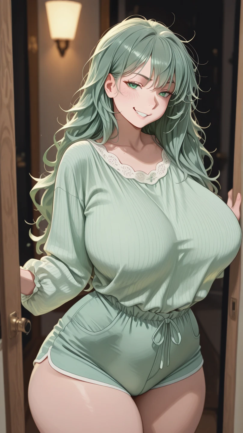 Pregnant woman, dark green hair, blue eyes, rainbow dress