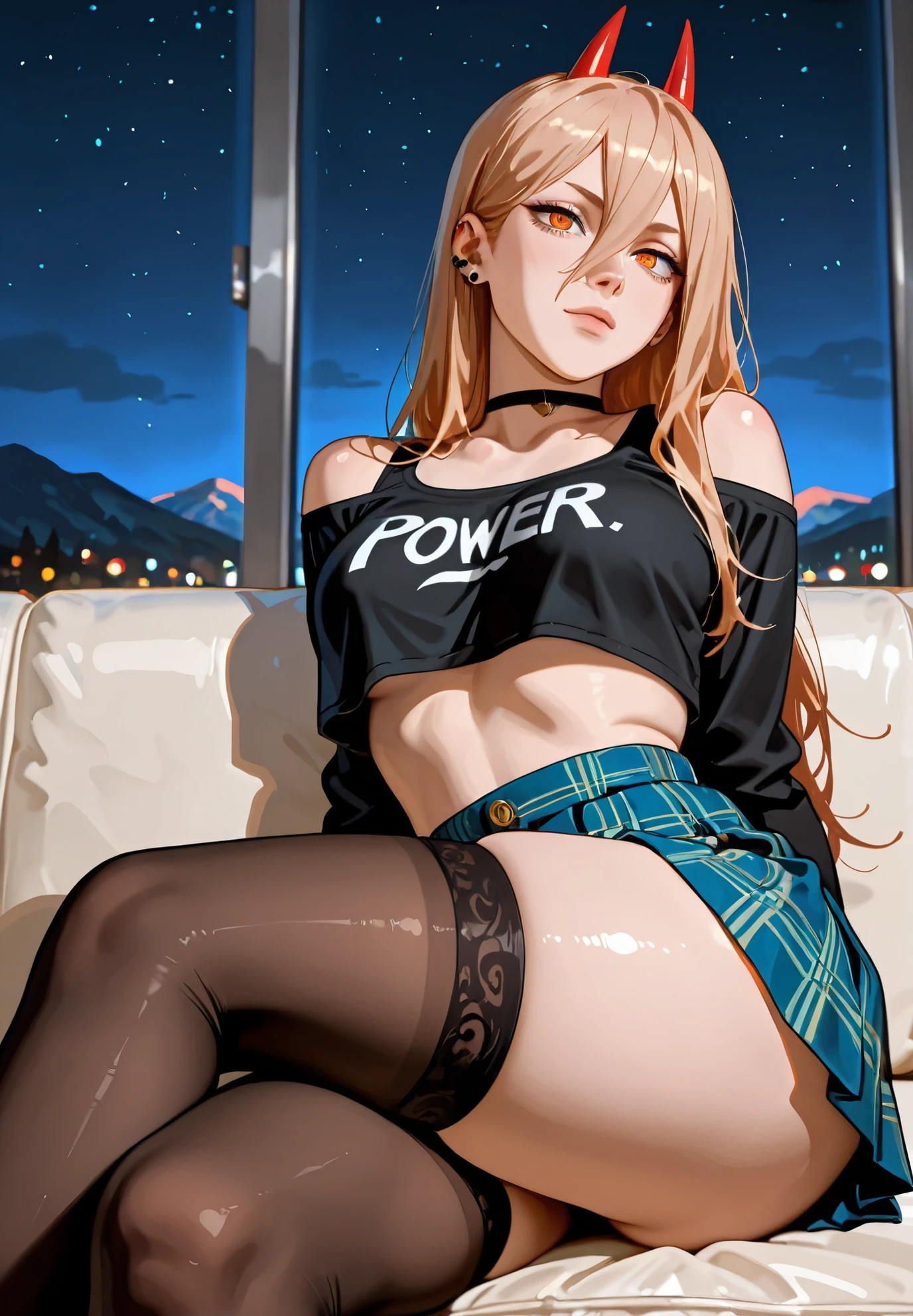 1girl, Power /(Chainsaw Man)/, crop top, piercings, thigh highs, skirt, sitting on a couch,sexy pose, alluring atmosphere, night time, mountain cottage, cinematic lighting, masterpiece,top quality,warm color,high resolution,high fashion,absurdres extremely,vivid colors,intricate details,best quality,amazing quality,very aesthetic,newest,ultra-detailed,nsfw