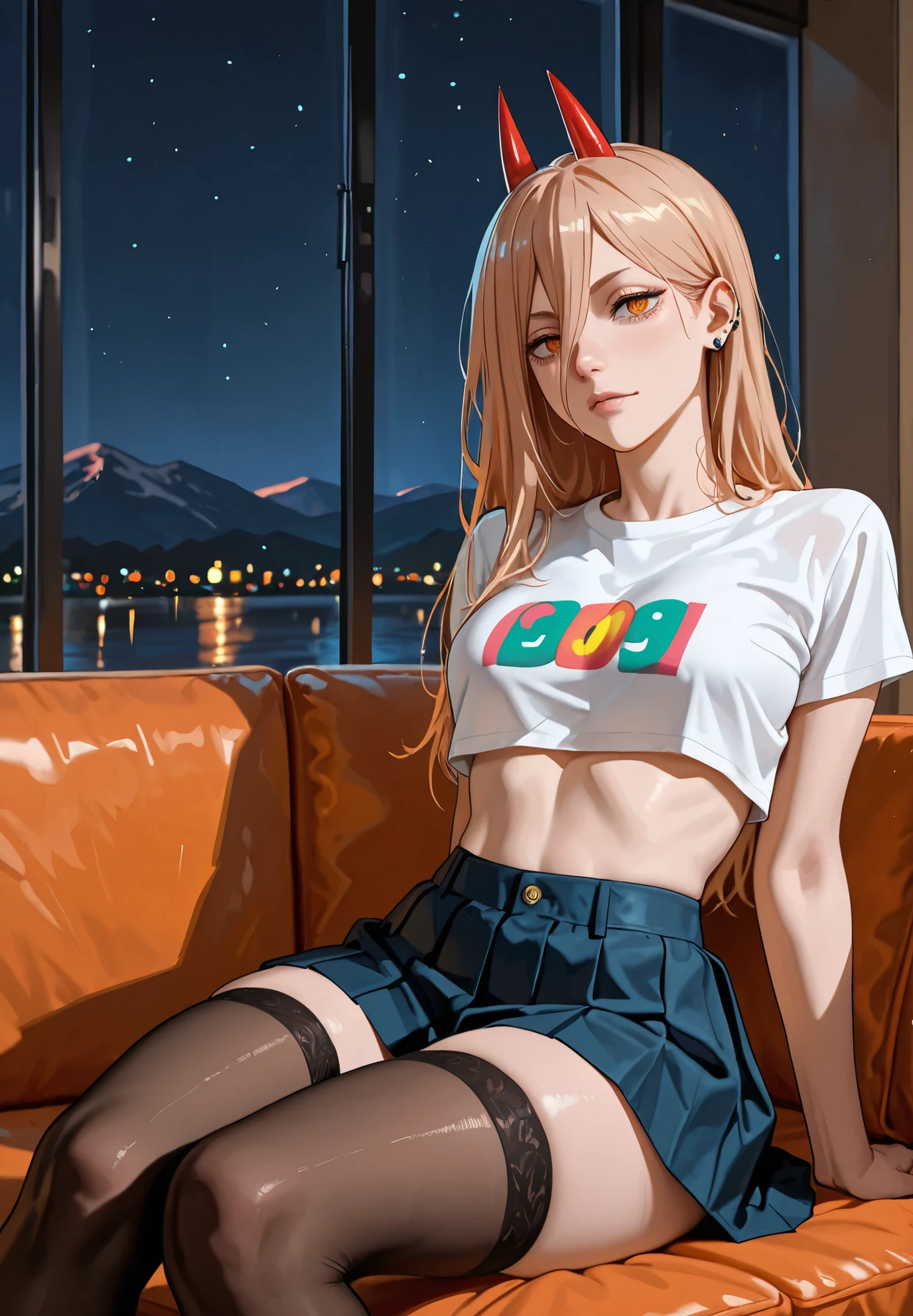 1girl, Power /(Chainsaw Man)/, crop top, piercings, thigh highs, skirt, sitting on a couch,sexy pose, alluring atmosphere, night time, mountain cottage, cinematic lighting, masterpiece,top quality,warm color,high resolution,high fashion,absurdres extremely,vivid colors,intricate details,best quality,amazing quality,very aesthetic,newest,ultra-detailed,nsfw