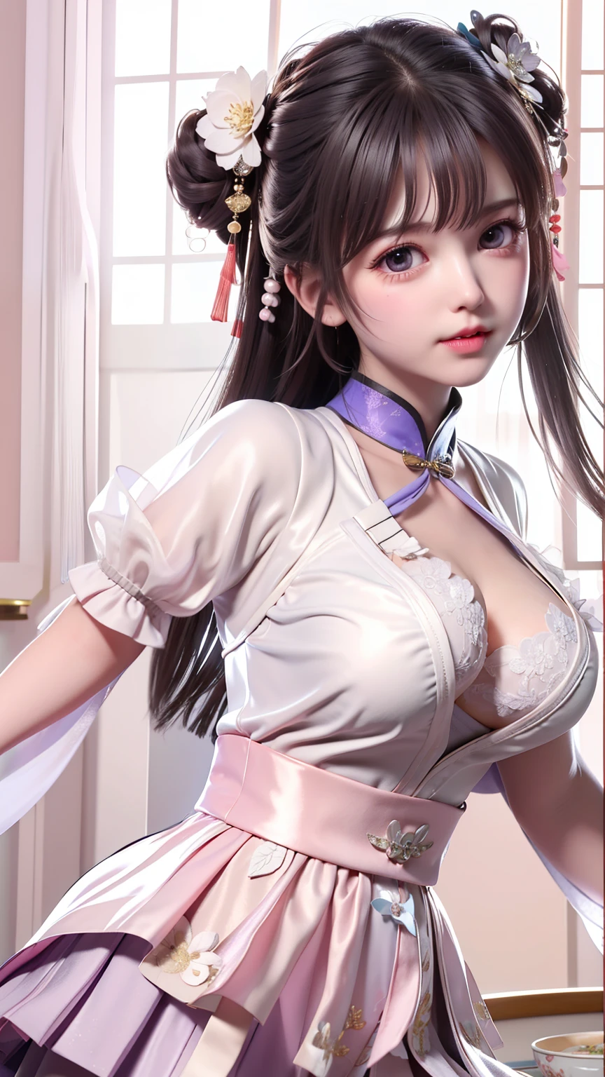(8k, RAW photo:1.2), best quality, ultra high res,dramatic angle,(fluttered detailed color splashs), (illustration),(((1 girl))),(long hair),(rain:0.9), (Headdress:1.4),There is an ancient palace beside the girl,Hanfu,(Key Points),Color ink painting,(Splash of Color),Splash of Color,(((colorful))),(sketch:0.8) , Masterpiece, best quality, beautiful painted, highly detailed,(denoising:0.6),[splash ink],((ink refraction)), (beautiful detailed sky),moon,highly,detaild,(masterpiece, best quality, extremely detailed） CG Unity 8k Wallpaper，masterpiece，best quality，Ultra Detailed），（Lycoris）.shoulder ballet dress open V-chested clothes Thin silk lace dress short skirt , (huge ，cleavage),, white pink, blue ，best qualtiy，tmasterpiece，Ultra-high resolution，（Reality：1.4），RAW photogr，（True skin texture：1.3），（filmgrain：1.3），（Selfie angle），1个Giant Breast Girl，Beautiful eye and face details，tmasterpiece，Best quality at best，，The chest more exposed， detailed hair, bra pink , detail 8k, full body, lace petticoat, fan handle