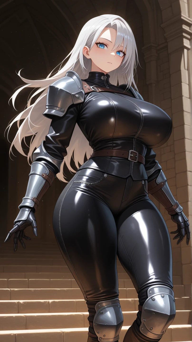 Woman knight、a beauty girl、huge tit、Excellent style、Nice Buddy、glamorous、leotard、s Armor、Shoulder rest armor、Bra chest armor、knee boots、gauntlets、hair adornments、silber hair、Longhaire、Ahoge、is standing、full body seen 、Medieval city、Walking、slightly open mouth、a smile、