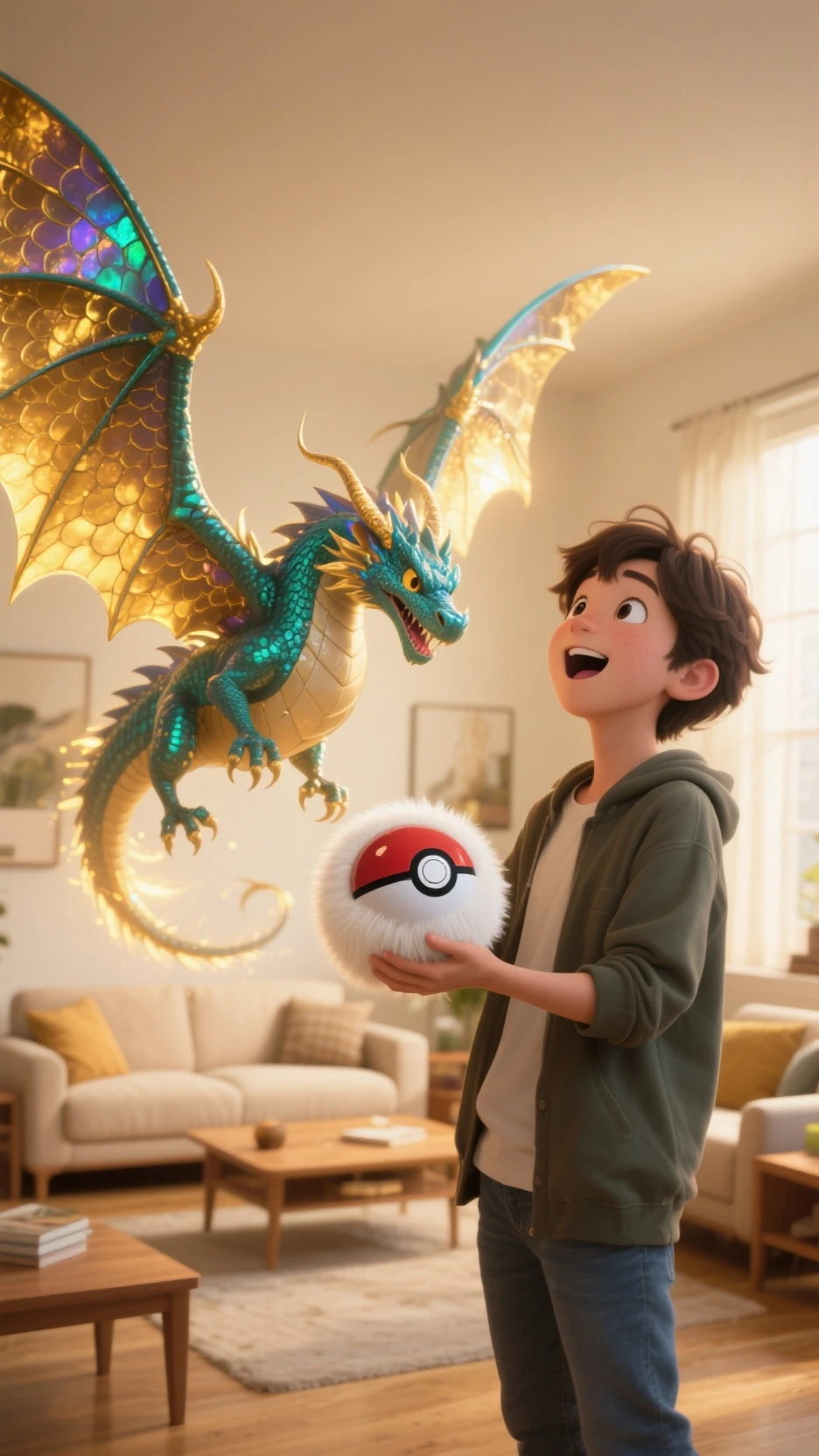 The image shows a man with curly hair and a surprised expression on his face. He is looking at a video game screen. On the screen, a character is standing next to a large, blue, winged creature. The creature has pink crystals on its wings and looks like a Pokemon. The man is holding a small, round object in his hand.size 16:9.realistic
