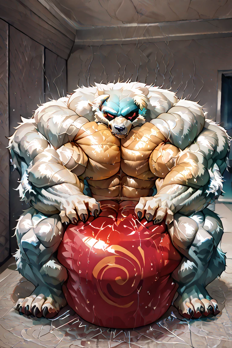 solo, weregarurumon, muscular, muscle gut, round belly, hyper belly, belly expanding bigger and bigger like a balloon, shirtless, briefs, shocked, holding a can of soda, belching, belly rumbling, bubbles, bathroom