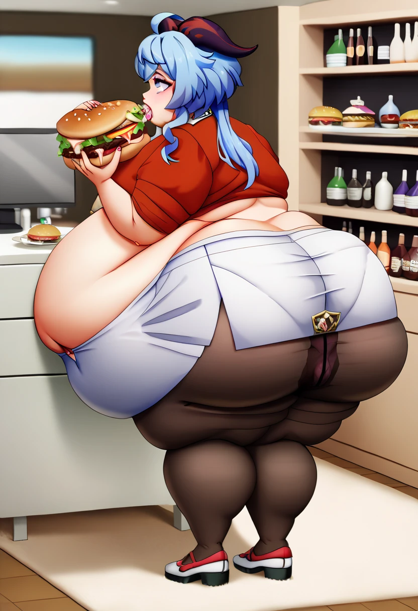 1girl, solo, ganyu \(genshin impact\), tight pants, panties,pantyhose,vibrant colors,mature, milf,(best quality, masterpiece, highres, ultra high resolution, high quality face, high quality eyes:1.1), kitchen,table,leaning,leaning forward, leaning on belly,view from side,eating burger,eating giant burger,fart,farted, farting,excessive farting, Flatulence, green gas clouds,thick (green gas clouds1.2), massive green gas clouds, giant fart, (massive fart:1.2),room filled with gas,gas coming out of ass,gas from ass, burp,belch, burping, belching, gas from mouth, gas coming out of mouth,sound effects, hyper breasts, hyper ass,chubby,plump,fat rolls,gigantic belly,(hyper belly:2.0),obese, morbidly obese,wide hips,massive hips,thick thighs,massive thighs,nsfw, fat belly, big belly, sagging belly,ssbbw,ussbbw,overweight