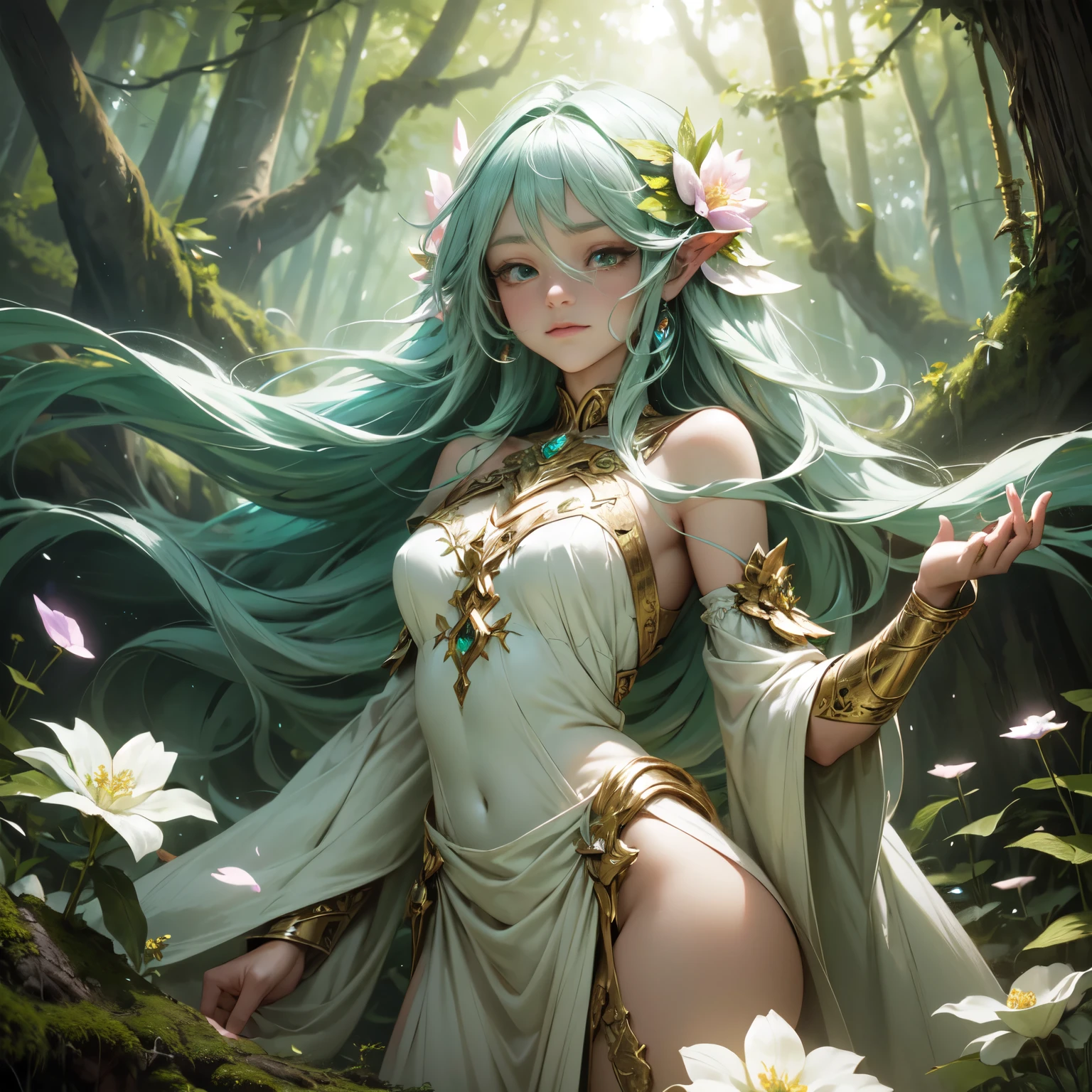 Beautiful woman with very long, white hair with light greeb tips with a braid, light green vines and light greeb eyes, pale skin, greater lord Rukkhadevata from Genshin Impact