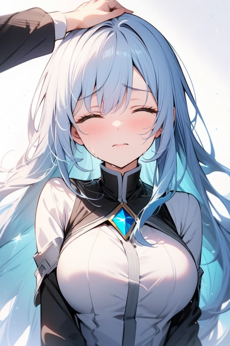 1girl,looking up,pov,From above,long hair,White hair,grey eyes,shiny hair,breasts,masterpiece, best quality, very aesthetic, absurdres,upper body,