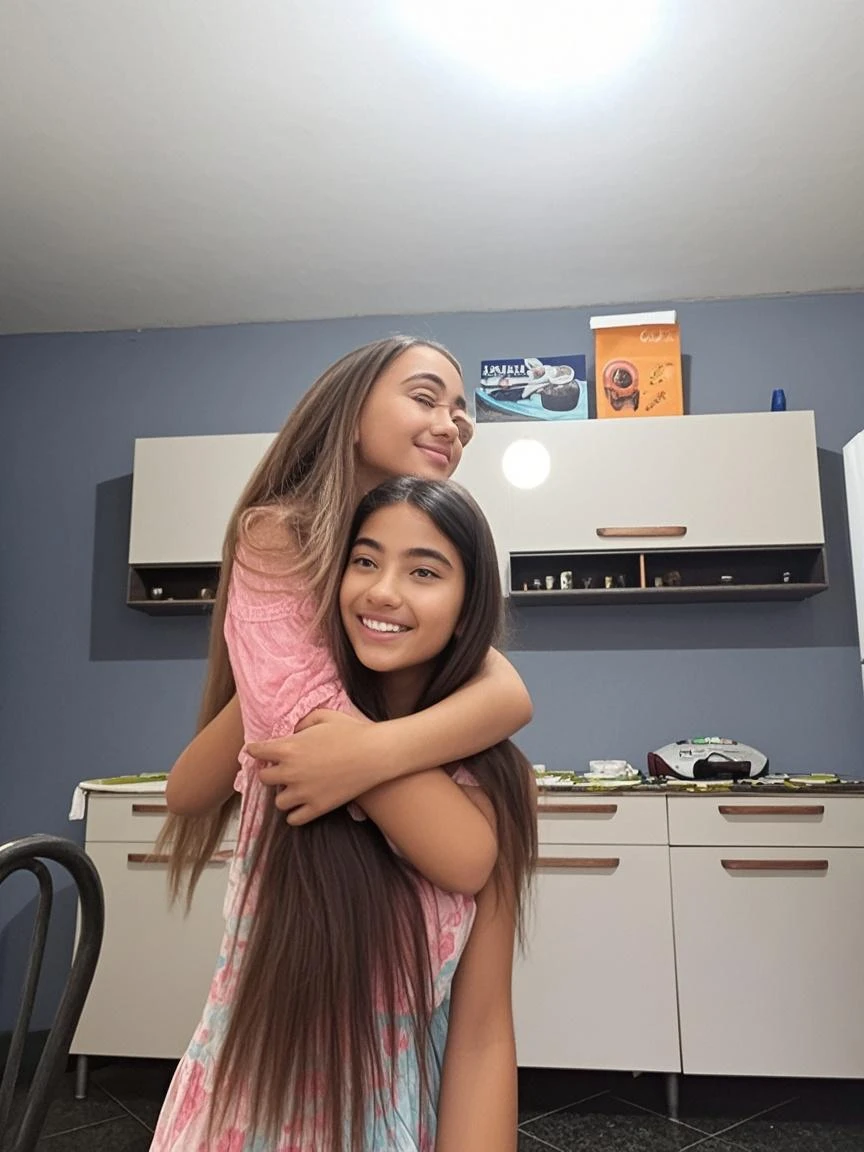 There are two girls hugging each other in front of a sofa, home fotografia retrato, imagem interna, Foto tirada com Nikon D750, Foto tirada com Nikon D 7 5 0, foto de retrato, foto retrato, childrens, Photo Session, photo shoot, Duas meninas, Beautiful girls, garotada, Foto tirada com Canon 5D, foto modo retrato