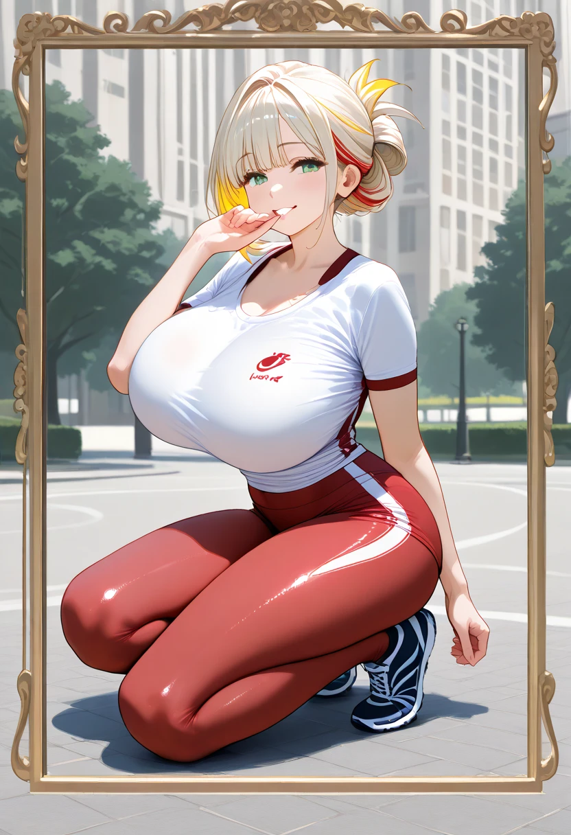  pale woman, 5’2 height, thick legs, thick thighs, large thighs, wide hips, short blonde hair in twintails, small dainty feet, barefoot, tight shirt, black skirt, pale skin, full body showing, white nail polish, very large breasts, busty, short woman, footjob, giggling, lipstick, 5 toes on each foot, cute toes, small toes, detailed toes