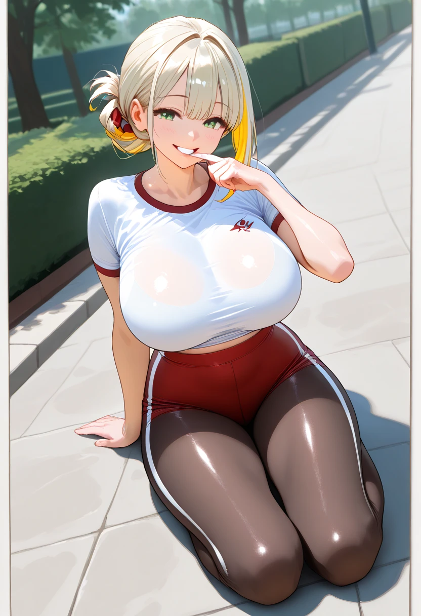 （（（Perfect figure，figure，solo， White skin，（（（cyberpunk，short sleeves,  dolphin shorts, red t-shirt, pink shorts, red shirt, , ））），（（（MiaChadef, long hair, Long Straight blonde hair, brown eyeasterpiece)), high resolution, ((Best quality at best))，masterpiece，quality，Best quality，（（（ Exquisite facial features，Looking at the audience,There is light in the eyes，(（（Happy））），(smile），（（（Light and shadow，Huge breasts））），（（（Looking at the camera，out door background，Lying on the ground，Look up at the camera，from above，Overlooking)）））