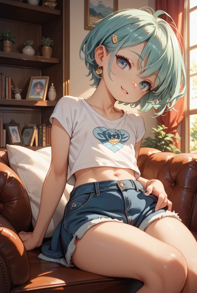 open mouth,lying on back,spread legs,pubic hair,pussy line,arms up,large breasts,masterpiece, high quality, highres, memcho,  black skirt,  shirt, off shoulder, off-shoulder sweater, (light blue sweater:1.2), (tiny horns), (:3:1.2), sleeveless shirt, high neck sleeveless shirt, black shirt, sweater, sweater sleeves past wrists, sitting, hoop earrings
