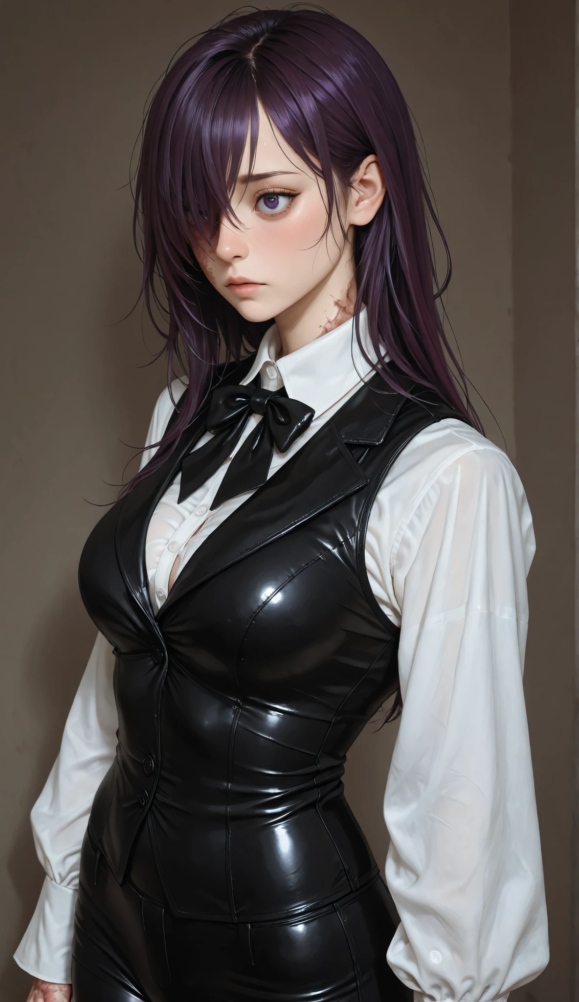 16k, high detailed picture, realistic style, masterpiece, very young girl, perfect absolutely small breasts, disheveled hair, full body shot, rounded face, shy, snub nose, a long strand of bangs hangs between her right eye, hair over one eye, big eyes, (sexy outfit, tight outfit, bursting breasts, tight-fitting trousers, long-sleeved white shirt, bowtie, tight-fitting vest, gigola, open shirt), score_9, score_8_up, score_7_up, score_6_up, NSHanakoMisc, purple eyes, hair over one eye, purple hair, long hair, scar on face, scar on hand, scar on body,