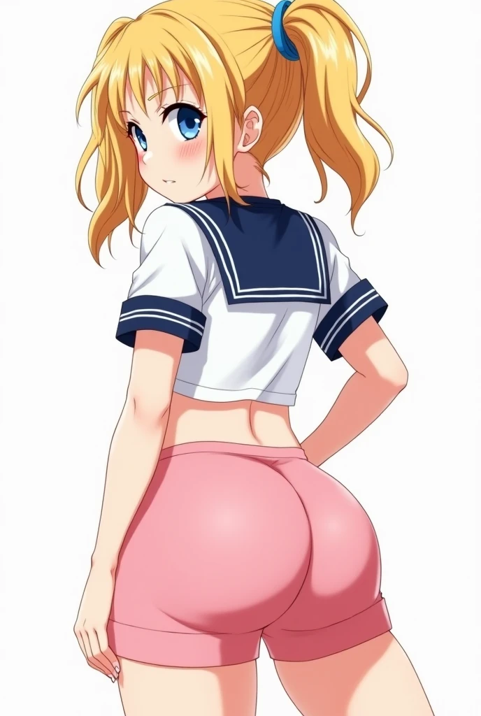 1girl, looking back, booty, blush, amazing, lovely girl, from behind, ((tsukino usagi, blonde hair)), best quality, great artwork, sensual image, bouncing ass, (white background, shy, simple background, clean:0.9, eyes detail, from below, upskirt, JS_UnderGirlV2)