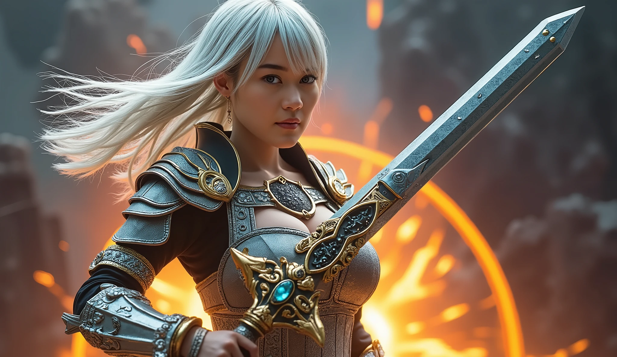 masterpiece, best quality, highres, 1girl, solo, scenery, looking at viewer,
GAME_Knight_ownwaifu,www.ownwaifu.com,long hair,white hair,armor,breasts,holding,sword,cleavage,medium breasts,cape,holding sword,shoulder armor,lips,gauntlets,tattoo,lipstick,makeup,pauldrons,blonde hair,brown eyes,jewelry,breastplate,circlet,
<lora:GAME_Knight_ownwaifu-10:0.6>