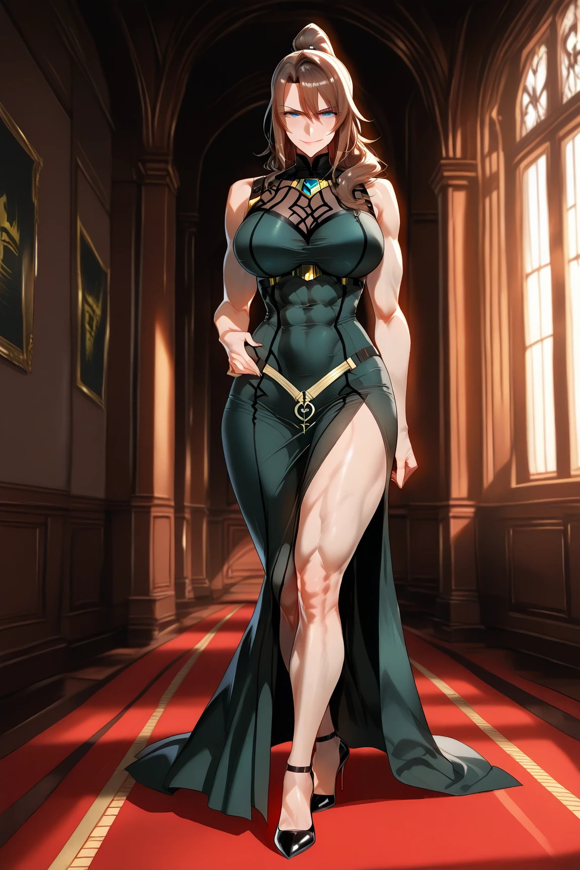 full body, barefoot, solo, female, big breast ,linen tunic, fantasy village, armor, Handcuffs on their hands, With a collar around the neck, hands on hips, slave, ((black choker, shackles on legs and arms))