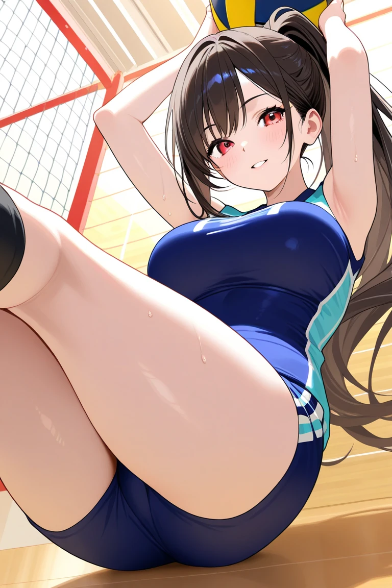 1girl, solo, exercise ball, thighhighs, buruma, brown hair, long hair, ball, breasts, blue eyes, white legwear, shirt, red buruma, white background, open mouth, simple background, large breasts, white shirt, gym uniform, looking at viewer, short sleeves, shoes, full body, spread legs, sitting, blush, sneakers, parted bangs, blue footwear, gym shirt, very long hair, forehead, sleeveless, sleeveless shirt, smile, t-shirt, thick thighs, thighs, ((Masterpiece)), ((Best Quality)), (Very Detailed), ((Very Detailed)), 4K, (8K), very aesthetic, absurdres highres,