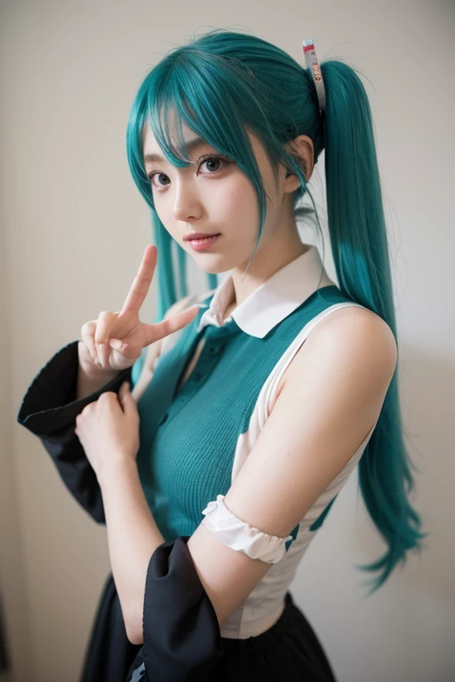 eye glass。top-quality, Photorealistic, An ultra-fine illustrations, beautiful attractive anime girl, miku hatsune, Slender body, Tied hair, one girls, a photo of girl, Full body shot, Beautiful blue eyes, Turned, in a office、Sitting at your desk、Women's Suits、