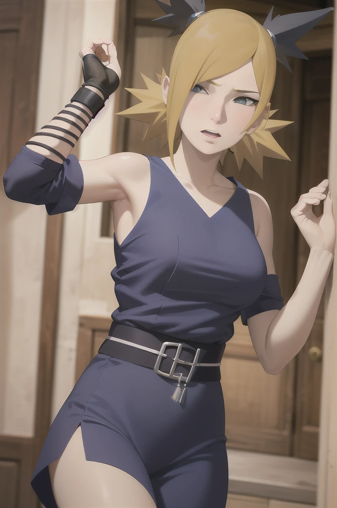 masterpiece, absurdres , (intricate details), (colorful),extremely detailed CG unity 8k wallpaper,temari\(boruto\), 1girl,solo, medium breasts,bukini,crossed arms, looking at viewer, dutch angle, angry, frown, shaded face, clenched teeth,  beach, from below, 